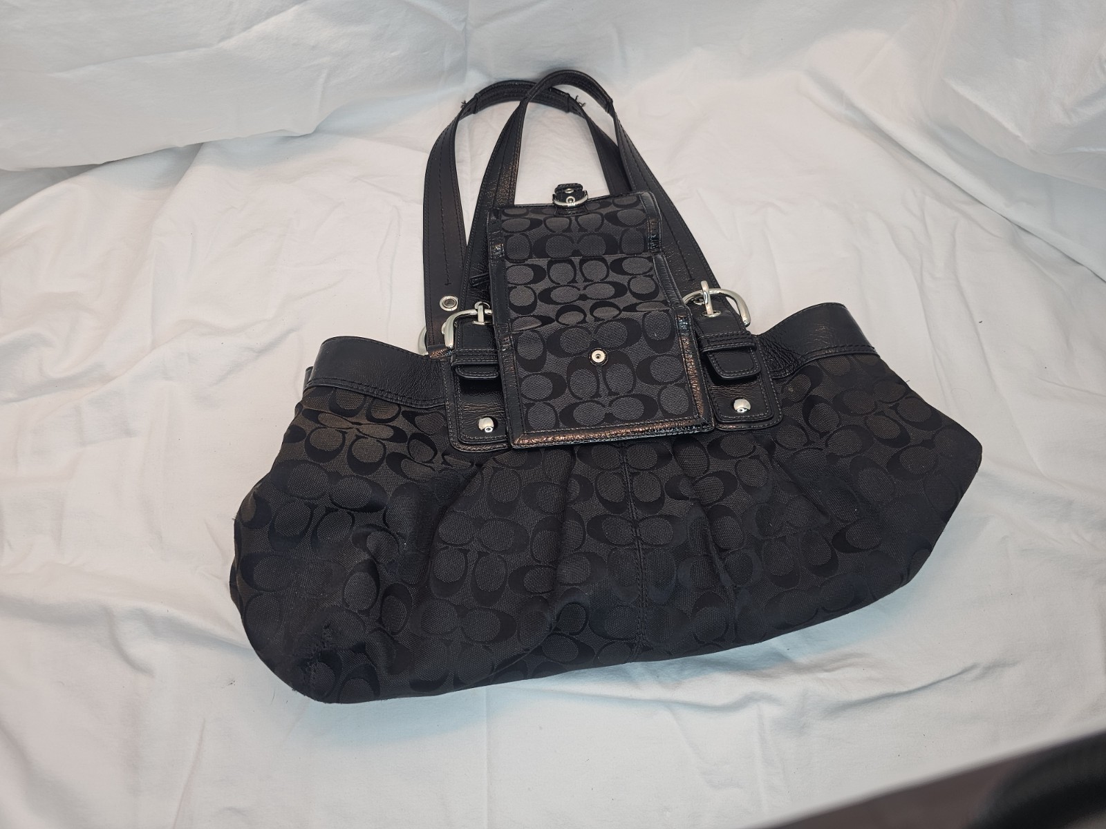 COACH Soho Signature Large Hobo Bag F17403 Black Jacquard Leather Purse Wallet