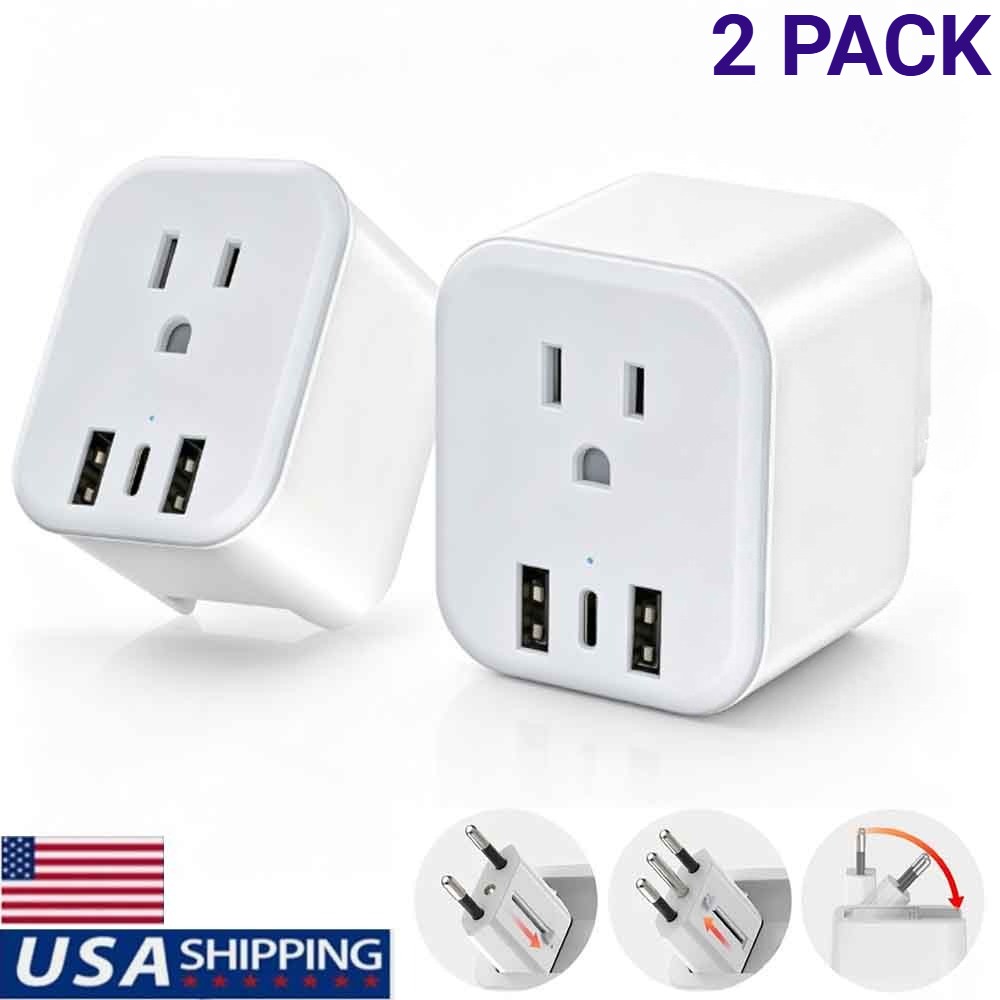 2 PC European Travel Plug Adapter Foldable International Plug 1 AC Outlets,3 USB