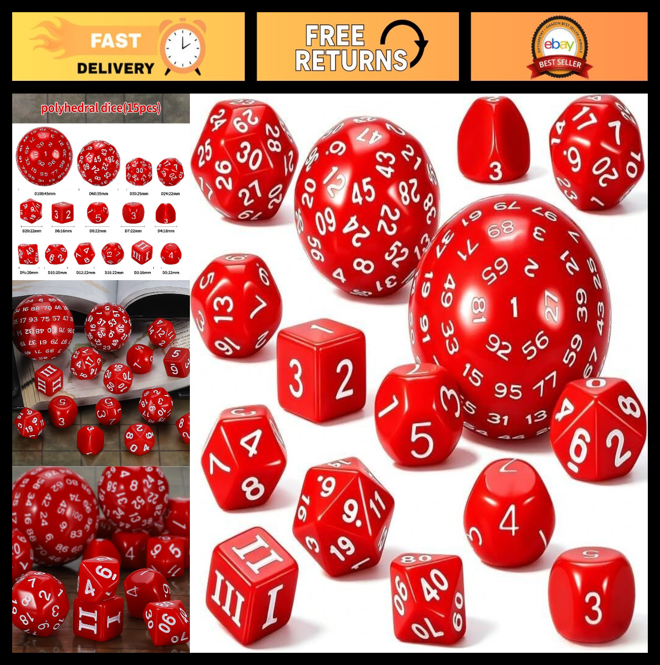 15pcs Polyhedral Dice Set D4-D100 RPG Game Dice with Bag - DND Gaming Accessorie