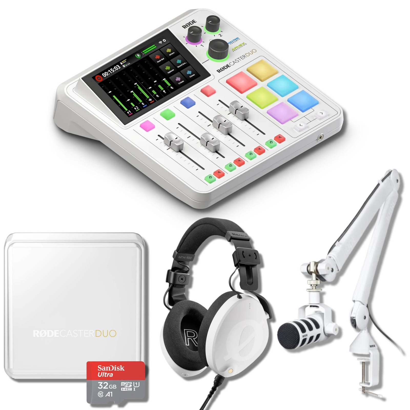 Rode RODECaster Duo with Rode Podmic Dynamic Podcast Microphone White-out Bundle