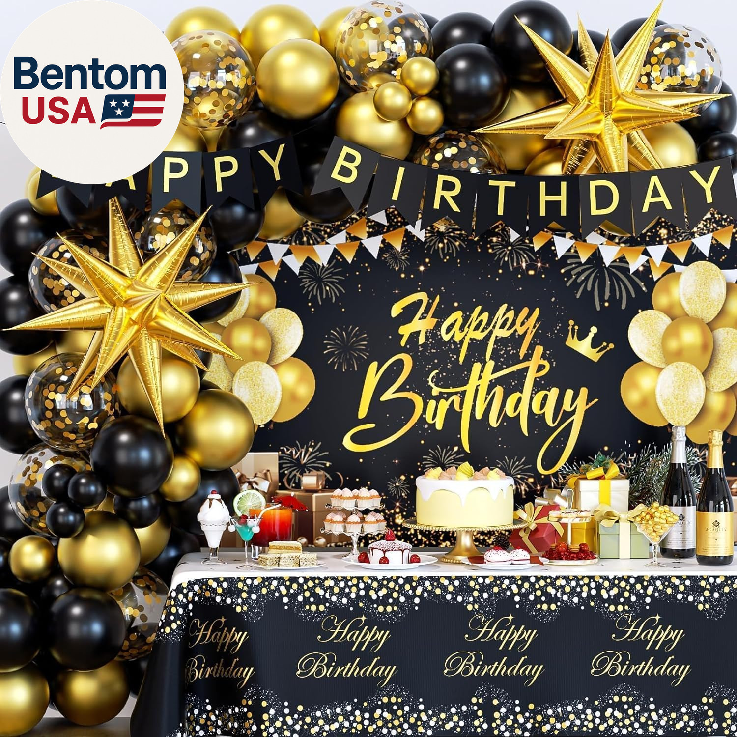 Black and Gold Birthday Decorations for Men Women, 71Pcs Black and Gold Party De