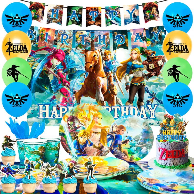 112 Pcs Zelda Party Decorations Tableware Set Napkins Backdrop Plates Banner