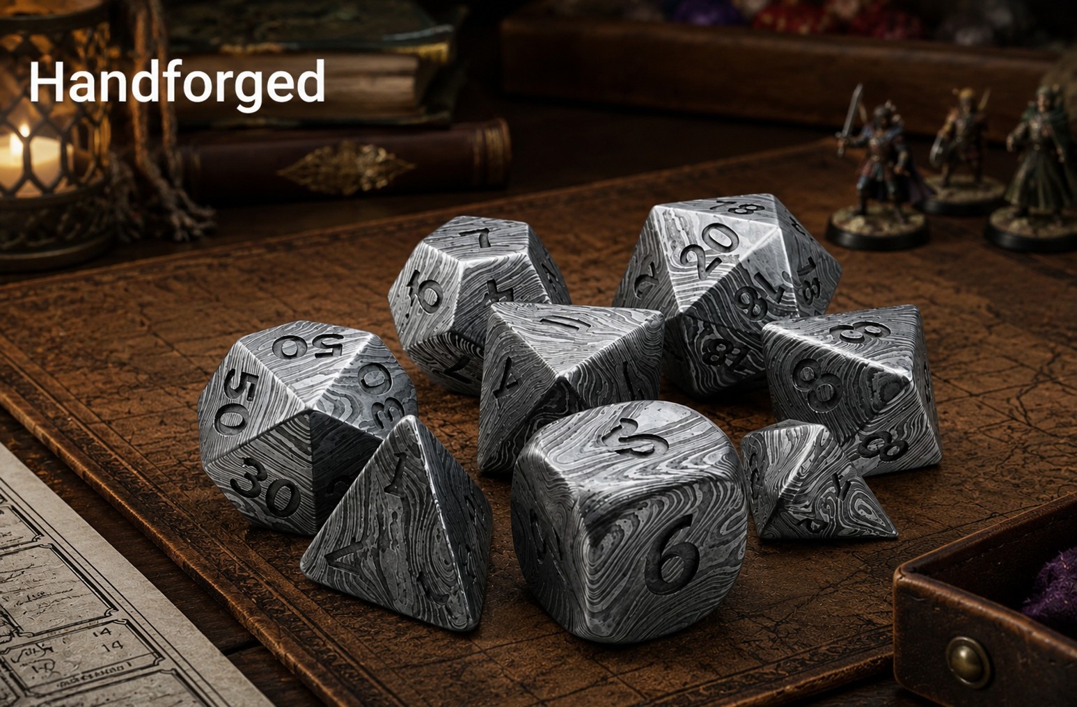 Lot of 3 Damascus Steel DND RPG Dice Sets | Handmade Metal 7-Piece Polyhedral