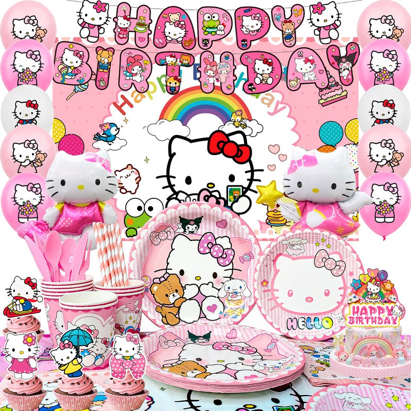 124 Pcs Hello Kitty Party Decorations Tableware Set Balloons Banners Plates