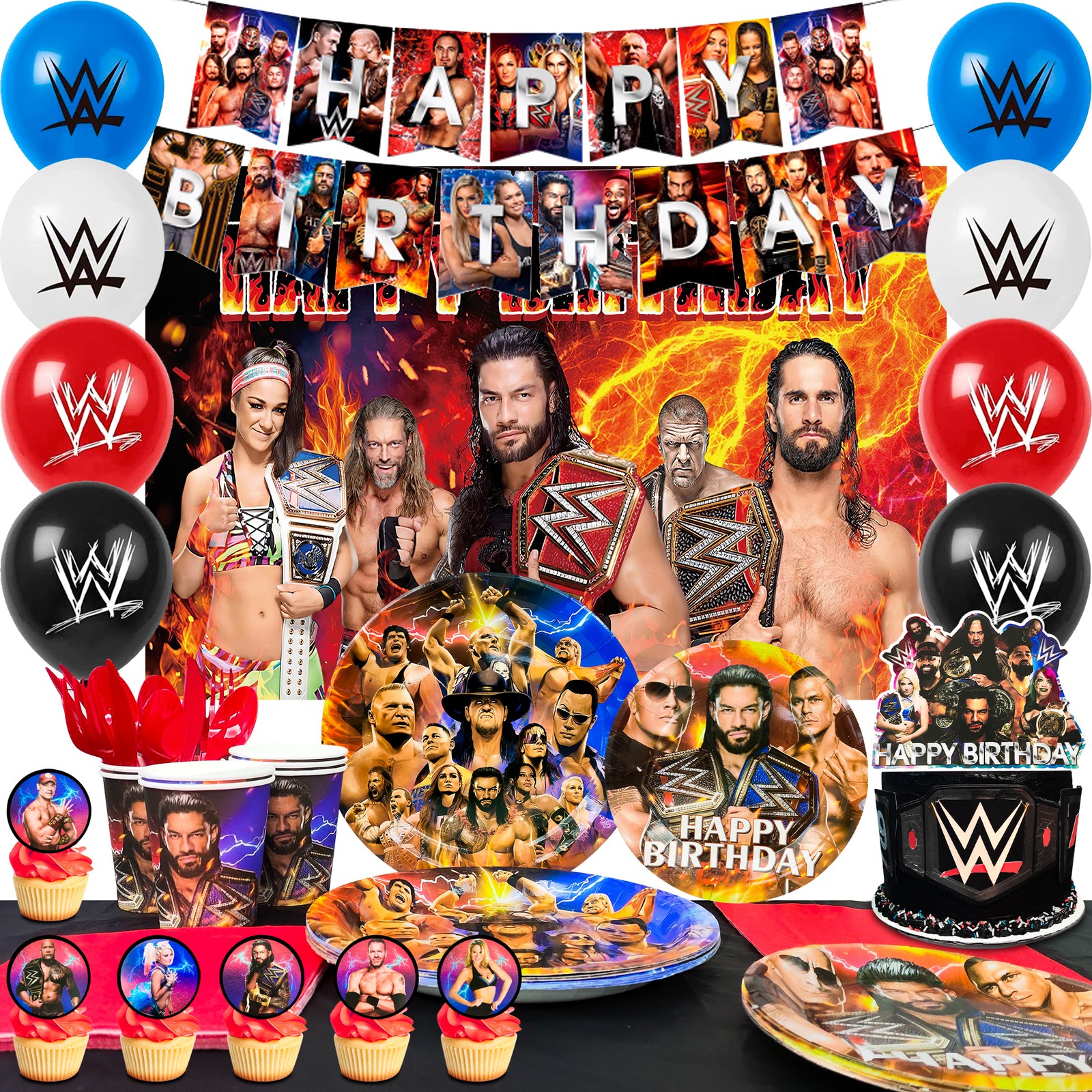 114Pcs Wrestling Match Birthday Decorations WWE Party Set Tableware Balloons Cup