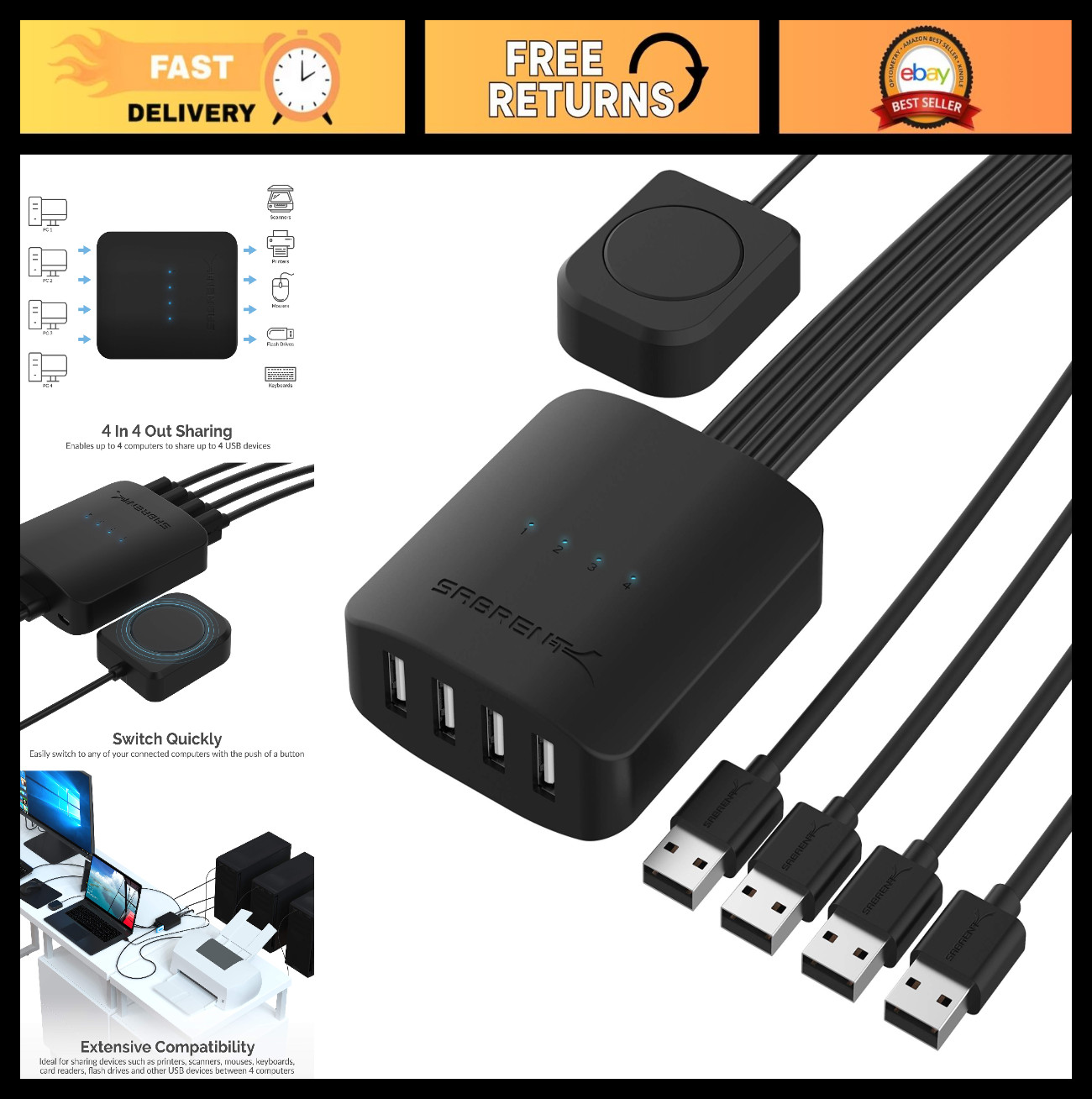USB 2.0 Sharing Switch for 4 Computers & Peripherals, LED Indicators, Easy Setup