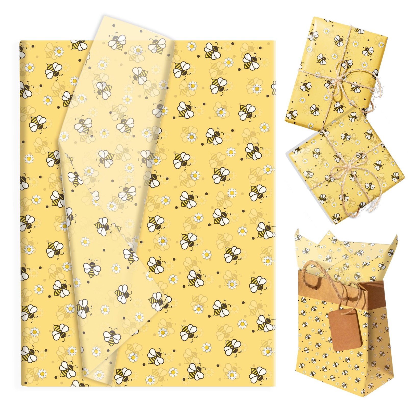 50 PCS 14x20 Inch Cute Yellow Honeybee Daisy Tissue Wrapping Paper Craft Decor