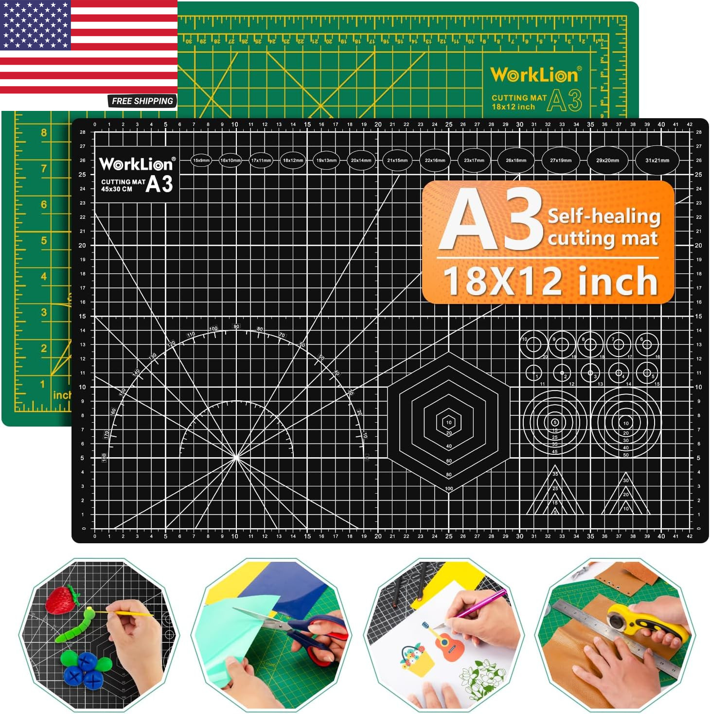 Self-Healing Cutting Mat 18" x 12" 5-Layer Double-Sided Rotary Mat (Green & Blac